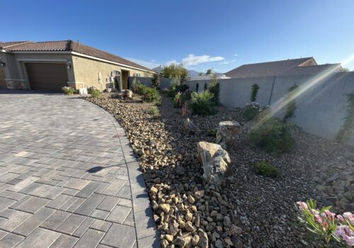 A driveway with rocks and plants in it