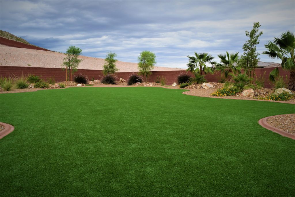 A large grassy area with trees and bushes.