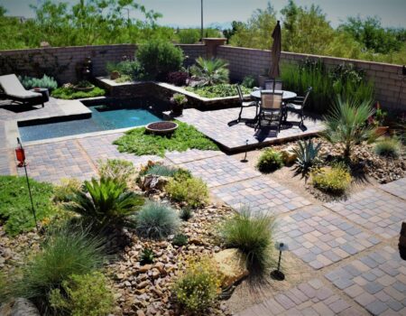 A backyard with a pool and patio area.